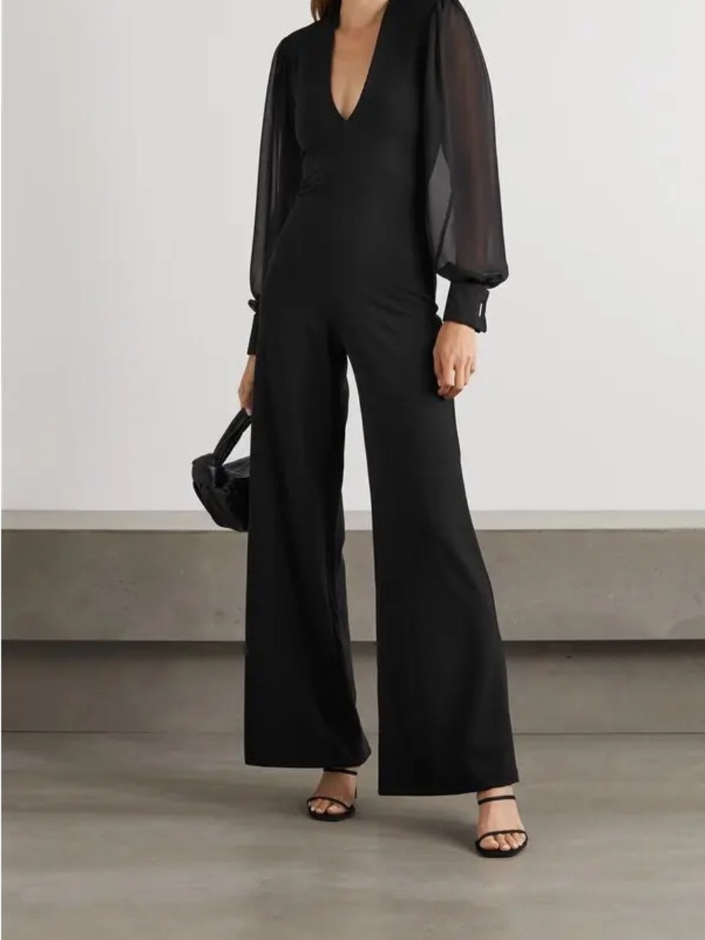 Black V-Neck Long-Sleeve Wide-Leg Jumpsuit